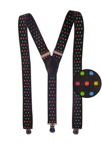 Modini - Czarne szelki w kolorowe kropki unisex X23. Kolor: czarny. Materiał: skóra, guma. Wzór: kolorowy, kropki #1