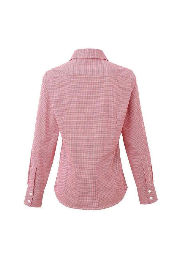 PREMIER - Damska Bawełniana Koszula Z Długim Rękawem W Kratkę Micro Gingham. Okazja: na co dzień. Kolor: czerwony, wielokolorowy, biały. Materiał: bawełna. Długość rękawa: długi rękaw. Długość: długie. Wzór: kratka. Styl: casual