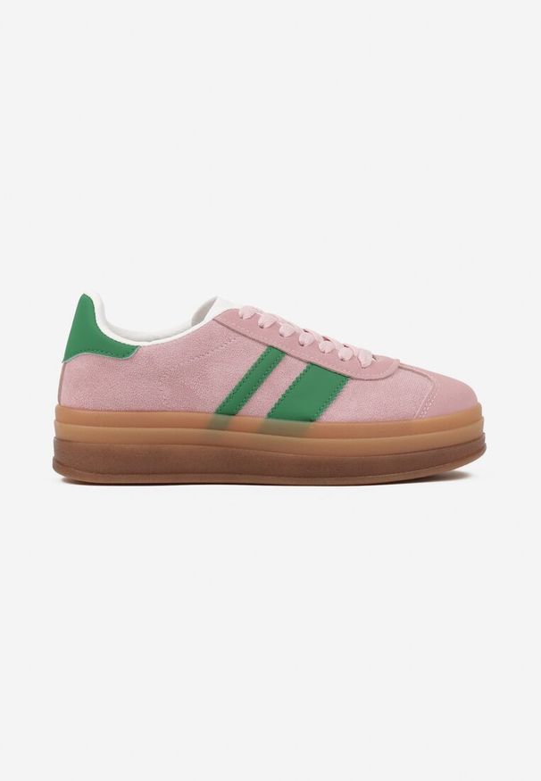 Born2be - Różowo-Zielone Płaskie Sneakersy Ozdobione Paskami Norili. Okazja: na co dzień. Zapięcie: pasek. Kolor: różowy. Materiał: jeans. Wzór: aplikacja