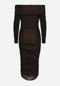 Born2be - Czarno-Brązowa Marszczona Sukienka Siateczkowa Hiszpanka z Wywiniętym Dekoltem Tinaveris. Typ kołnierza: dekolt hiszpanka. Kolor: czarny. Długość rękawa: długi rękaw. Sezon: lato. Styl: klasyczny, elegancki #2