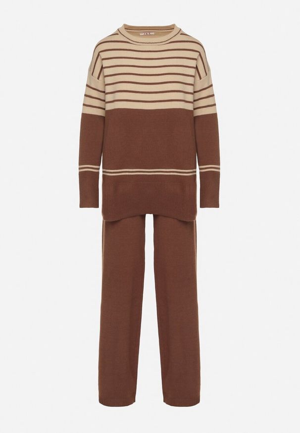 Born2be - Brązowy Dzianinowy Komplet z Wełną Sweter w Paski i Spodnie Raleina. Kolor: brązowy. Materiał: dzianina, wełna. Wzór: paski