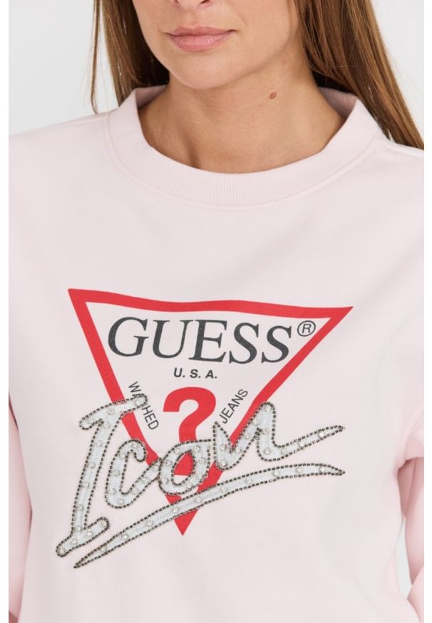 Guess - GUESS Różowa damska bluza Icon z dużym logo, Rozmiar L. Okazja: na co dzień. Kolor: różowy. Materiał: poliester, bawełna, materiał. Styl: casual, elegancki