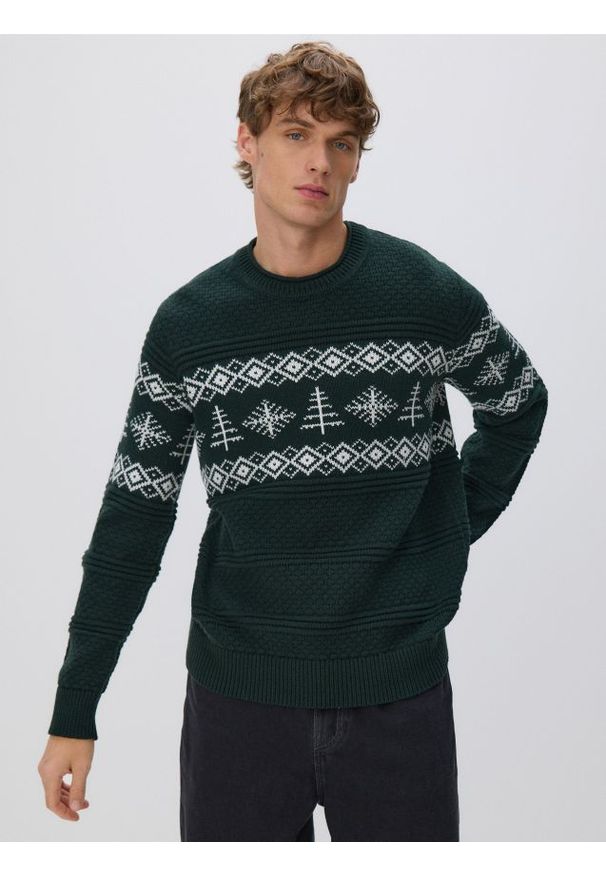 Reserved - Strukturalny sweter z bawełną - ciemnozielony. Kolor: zielony. Materiał: bawełna