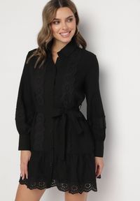 Born2be - Czarna Koszulowa Sukienka z Wiskozy z Bawełną Koronką i Paskiem Lilresia. Okazja: na co dzień. Kolor: czarny. Materiał: wiskoza, bawełna, koronka. Długość rękawa: długi rękaw. Wzór: koronka. Sezon: wiosna, lato. Typ sukienki: koszulowe. Styl: klasyczny, casual, elegancki #5
