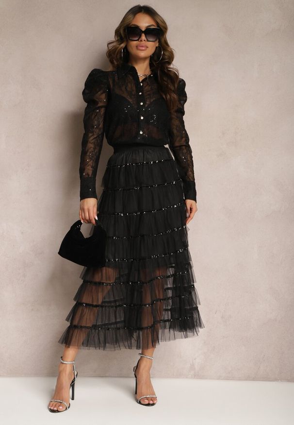 Renee - Czarna Rozkloszowana Spódnica Maxi z Falbankami i Cekinami Noobi. Kolor: czarny. Materiał: materiał. Wzór: aplikacja. Styl: elegancki