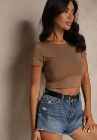 Renee - Brązowy T-shirt Cropped z Wiskozą Efranessa. Kolor: brązowy. Materiał: wiskoza. Sezon: lato