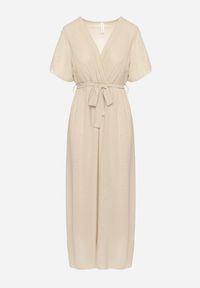 Born2be - Beżowa Brokatowa Sukienka Koktajlowa Ozdobiona Paskiem Ziliane. Okazja: na imprezę. Kolor: beżowy. Wzór: aplikacja. Styl: wizytowy #6