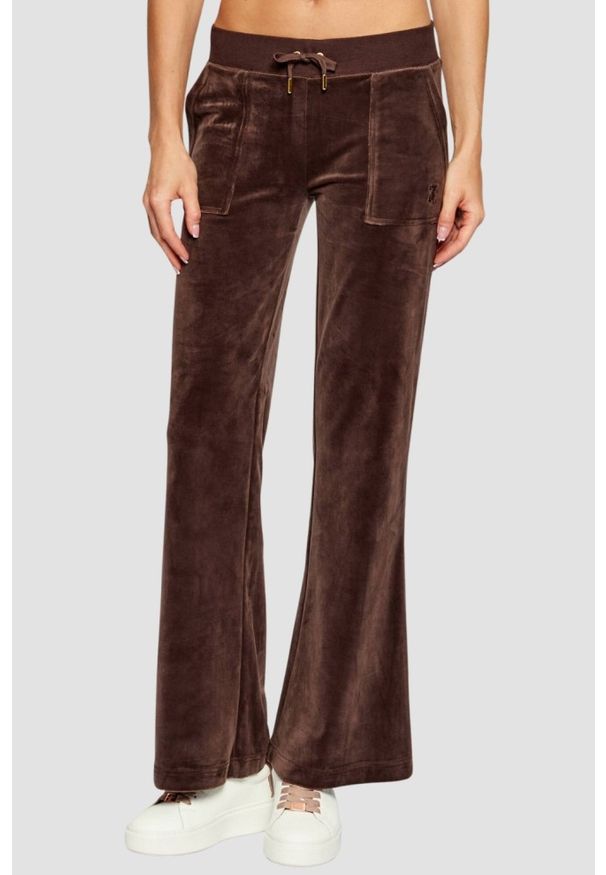 Juicy Couture - JUICY COUTURE Czekoladowe spodnie dresowe damskie Layla Low Rise, Rozmiar M. Stan: obniżony. Kolor: brązowy. Materiał: dresówka