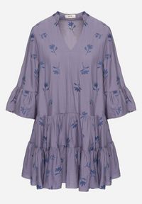 Born2be - Niebieska Sukienka z Wiskozą o Rozkloszowanym Kroju z Haftem i Falbankami Axneria. Okazja: na co dzień. Typ kołnierza: kołnierz z falbankami. Kolor: niebieski. Materiał: wiskoza. Wzór: haft. Typ sukienki: rozkloszowane. Styl: klasyczny, casual #3