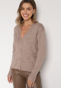 Born2be - Beżowy Rozpinany Kardigan w Kropki Tusvanea. Okazja: na co dzień. Kolor: beżowy. Materiał: jeans. Wzór: kropki. Styl: klasyczny, casual #3