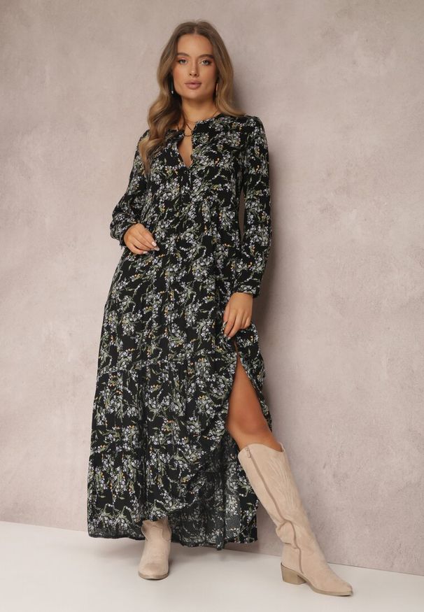 Renee - Czarna Sukienka Doriphe. Okazja: na co dzień. Kolor: czarny. Długość rękawa: długi rękaw. Wzór: kwiaty. Styl: elegancki, casual. Długość: midi