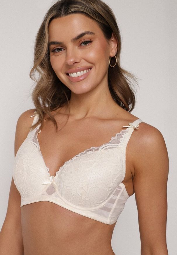 Born2be - Jasnobeżowy Biustonosz Koronkowy z Kokardkami Themikaia. Kolor: beżowy. Materiał: koronka