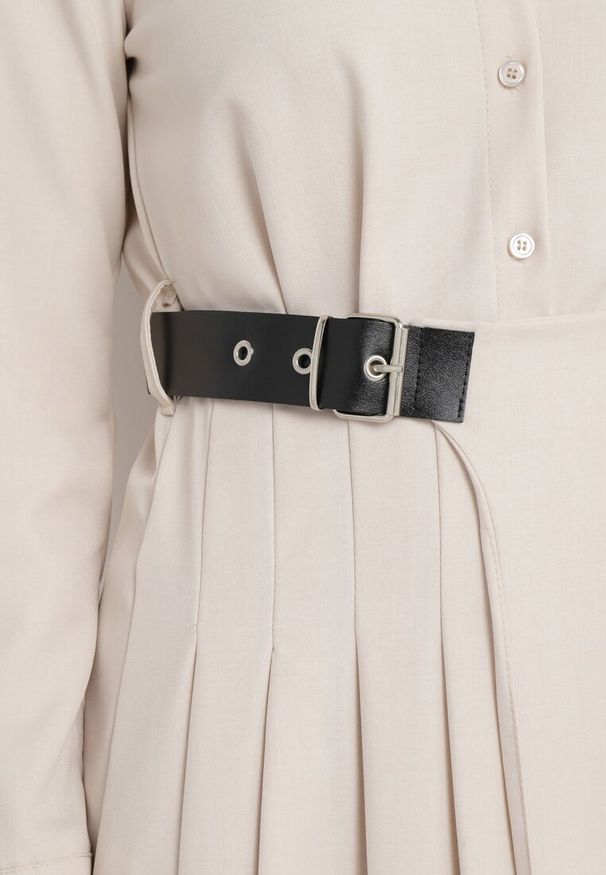 Born2be - Beżowa Sukienka Koszulowa z Plisowanym Asymetrycznym Dołem z Paskiem Vattea. Kolor: beżowy. Typ sukienki: asymetryczne, koszulowe