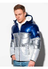 Ombre Clothing - Kurtka męska zimowa pikowana C459 - niebieska - XL. Kolor: niebieski. Materiał: poliester, nylon. Sezon: zima #6