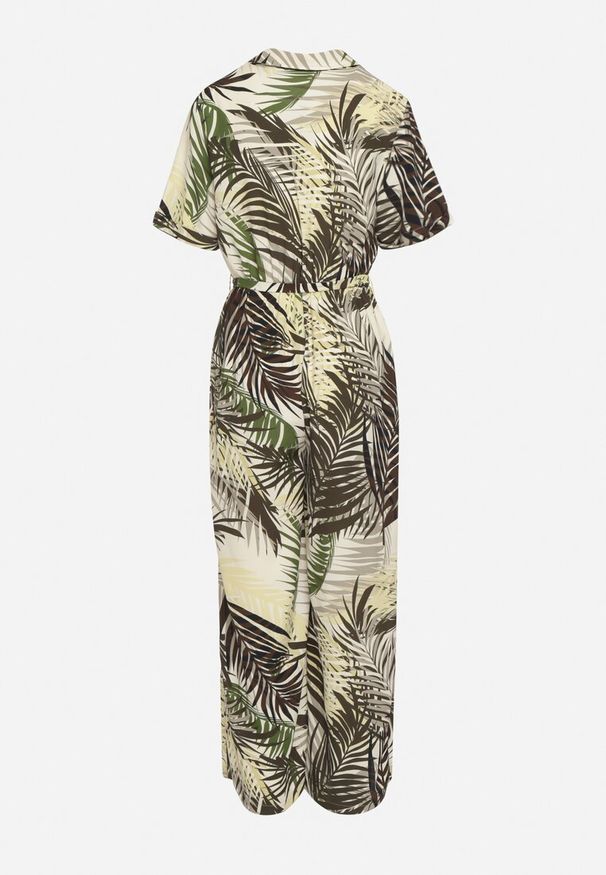 Born2be - Zielony Kombinezon z Gumką w Pasie Zapinany na Guziki z Materiałowym Paskiem Efity. Okazja: na spotkanie biznesowe. Kolor: zielony. Materiał: materiał. Długość rękawa: krótki rękaw. Długość: krótkie. Styl: biznesowy