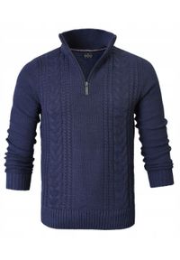 Bawełniany Sweter na Zamek, Wysoki Kołnierz - Pako Jeans - Granatowy. Kolor: niebieski. Materiał: bawełna. Sezon: wiosna, zima, jesień. Styl: elegancki, klasyczny #1