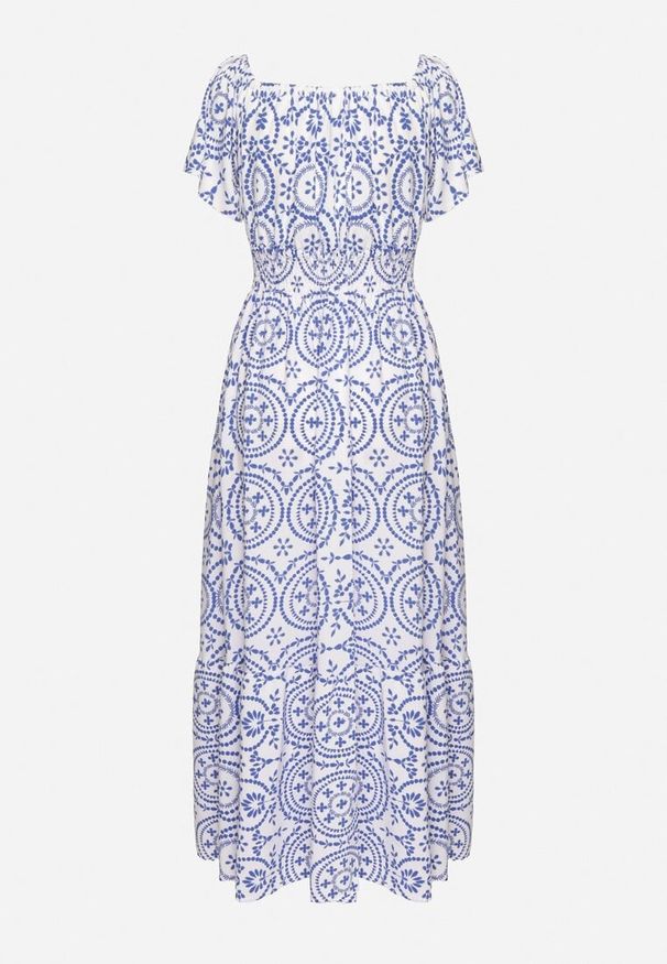 Born2be - Niebiesko-Biała Rozkloszowana Sukienka z Bawełną i Abstrakcyjnym Wzorem Ldivoria. Okazja: na spacer, na imprezę. Kolor: niebieski. Materiał: bawełna. Styl: elegancki