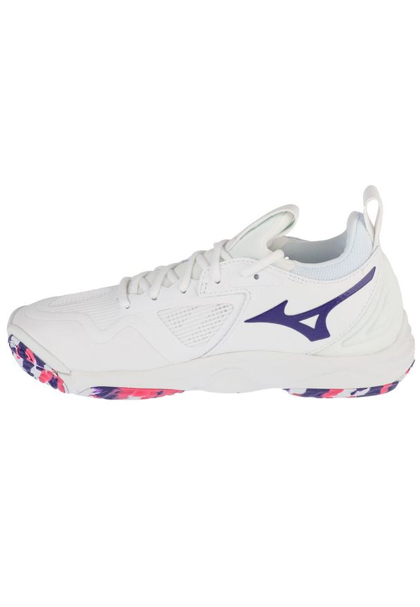 Mizuno - Buty do siatkówki damskie, Wave Momentum 3. Kolor: biały, wielokolorowy, niebieski. Materiał: guma, skóra, tkanina, materiał, syntetyk. Model: Mizuno Wave. Sport: siatkówka