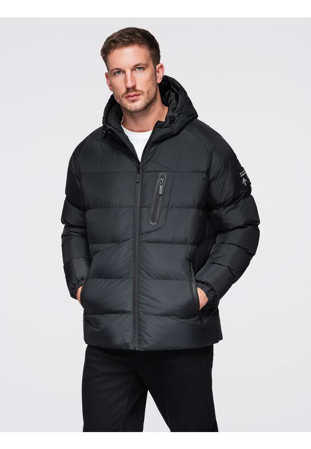 Ombre Clothing - Pikowana ocieplana kurtka męska z raglanowym rękawem – czarna V4 - Rozmiar: M. Typ kołnierza: kołnierzyk stójkowy. Kolor: czarny. Materiał: syntetyk, materiał. Długość rękawa: raglanowy rękaw. Wzór: aplikacja