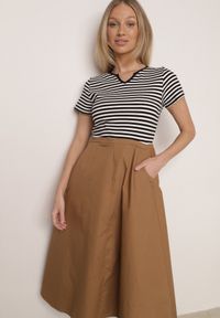 Born2be - Czarno-Beżowa Rozkloszowana Sukienka z Bawełny Imitująca Bluzkę w Paski i Spódnicę Chathusa. Okazja: na co dzień. Kolor: czarny. Materiał: bawełna. Wzór: paski. Sezon: lato. Typ sukienki: rozkloszowane, proste. Styl: casual, klasyczny #6