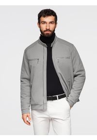 Ombre Clothing - Męska kurtka typu biker z kieszeniami i stójką – szara V3 - Rozmiar: L. Okazja: na co dzień. Typ kołnierza: kołnierzyk stójkowy. Kolor: szary. Materiał: poliester, syntetyk, materiał, tkanina. Wzór: ze splotem. Styl: casual