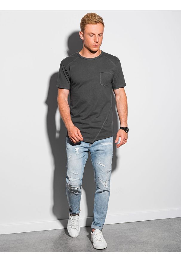 Ombre Clothing - T-shirt męski bawełniany S1384 - grafitowy - XXL. Kolor: szary. Materiał: bawełna. Długość: długie. Styl: sportowy, klasyczny