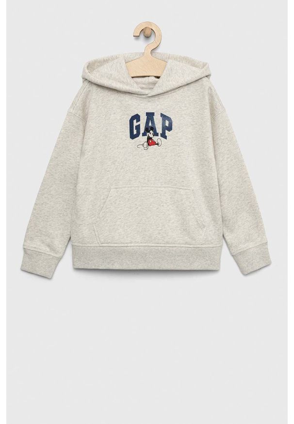 GAP bluza dziecięca x Disney kolor szary z kapturem z nadrukiem. Typ kołnierza: kaptur. Kolor: szary. Materiał: materiał. Wzór: nadruk, motyw z bajki