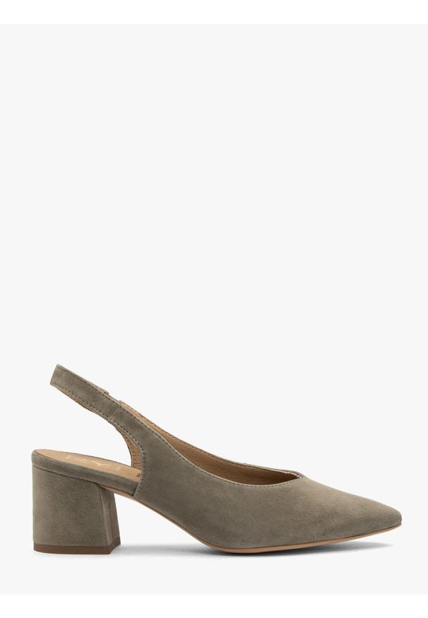 Ryłko - Oliwkowe czółenka damskie slingback ISABEL. Zapięcie: bez zapięcia. Kolor: oliwkowy. Materiał: welur. Obcas: na obcasie. Styl: street. Wysokość obcasa: średni