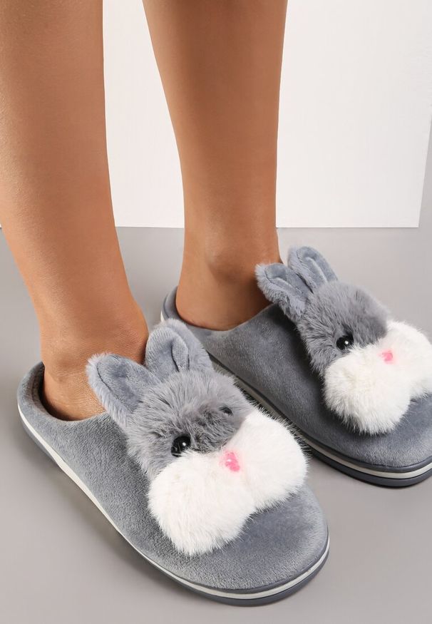 Renee - Szare Kapcie Chloraleia. Okazja: na co dzień. Zapięcie: bez zapięcia. Kolor: szary. Materiał: welur, dresówka, materiał. Wzór: aplikacja. Styl: casual