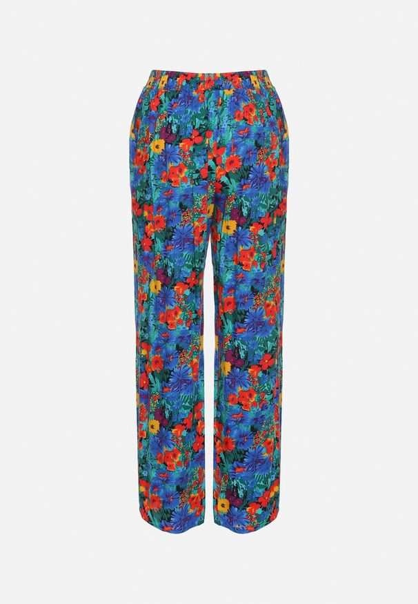 Born2be - Niebieskie Proste Spodnie z Wiskozy w Kwiatowy Print Yadolle. Stan: podwyższony. Kolor: niebieski. Materiał: wiskoza. Wzór: kwiaty, nadruk. Sezon: lato