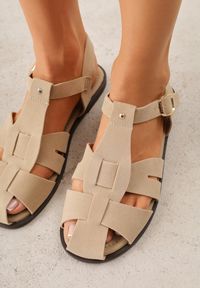 Renee - Beżowe Sandały Gladiatorki z Imitacji Nubuku Zapinane na Sprzączkę Briannea. Zapięcie: sprzączka. Kolor: beżowy. Materiał: nubuk. Wzór: haft. Sezon: lato. Styl: elegancki #9