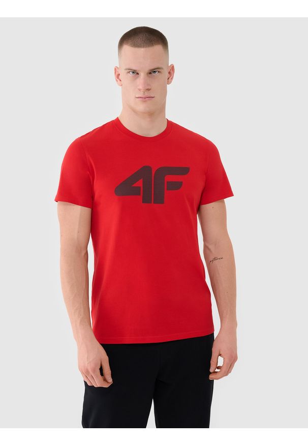 4f - 4F T-shirt regular z nadrukiem męski - czerwony S. Okazja: na co dzień. Kolor: czerwony. Materiał: bawełna, dzianina, jersey. Długość rękawa: krótki rękaw. Długość: krótkie. Wzór: nadruk. Styl: klasyczny, casual, sportowy