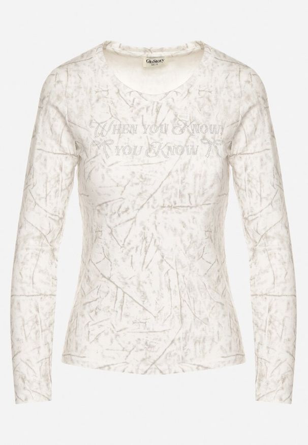 Born2be - Biała Bluzka Typu Longsleeve z Geometrycznym Wzorem Unila. Okazja: na spotkanie biznesowe, do pracy, na co dzień. Kolor: biały. Materiał: jeans. Długość rękawa: długi rękaw. Wzór: geometria. Styl: biznesowy, casual