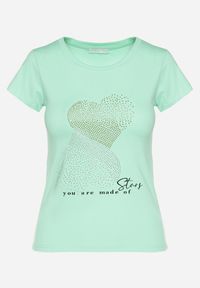 Born2be - Jasnozielony Bawełniany T-shirt Ozdobiony Cyrkoniami i Napisem Divera. Okazja: na co dzień. Kolor: zielony. Materiał: bawełna. Wzór: napisy, aplikacja. Styl: klasyczny, casual