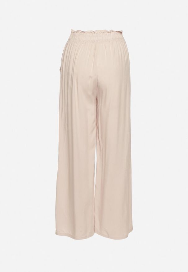 Renee - Jasnobeżowe Spodnie Palazzo High Waist z Bawełny Wykończone Gumką w Talii Nellsea. Okazja: na co dzień. Stan: podwyższony. Kolor: beżowy. Materiał: bawełna. Styl: casual, elegancki