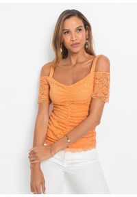 Shirt cold-shoulder z koronką bonprix jasnopomarańczowy. Kolor: pomarańczowy. Materiał: koronka. Długość rękawa: na ramiączkach. Wzór: koronka