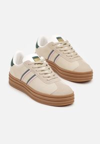 Renee - Beżowo-Zielone Klasyczne Sneakersy na Niewysokiej Platformie Terilee. Nosek buta: okrągły. Zapięcie: sznurówki. Kolor: beżowy. Materiał: syntetyk, nubuk. Obcas: na platformie. Wysokość obcasa: niski #4