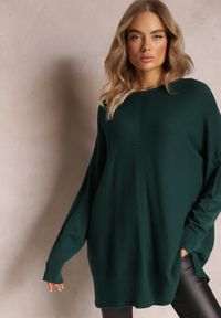 Renee - Ciemnozielony Oversizowy Sweter o Przedłużonym Fasonie z Rękawami Typu Nietoperz Porunxa. Kolor: zielony. Długość: długie. Sezon: jesień, zima #1
