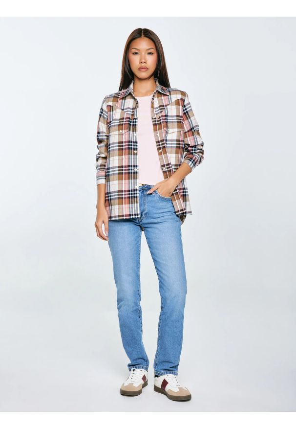 Big-Star - Koszulka damska w prążek z haftem różowa Clarsa 600. Kolor: różowy. Materiał: jeans, dzianina, prążkowany. Długość: krótkie. Wzór: haft, prążki