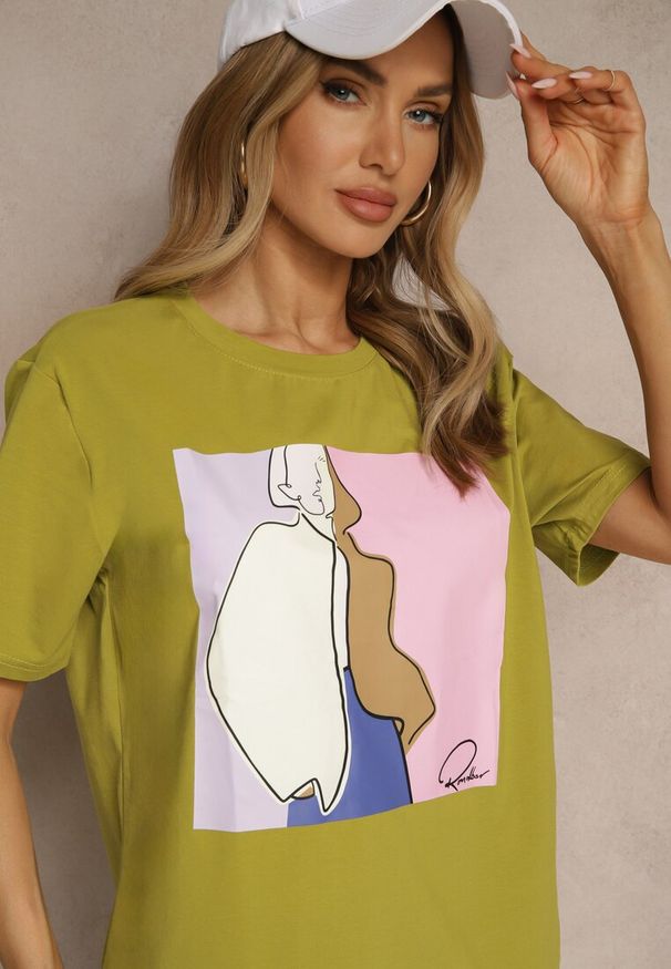 Renee - Zielony Bawełniany T-shirt z Geometrycznym Nadrukiem Mepressa. Okazja: na co dzień. Kolor: zielony. Materiał: bawełna. Długość rękawa: krótki rękaw. Długość: krótkie. Wzór: geometria, nadruk. Sezon: lato, wiosna. Styl: klasyczny, elegancki, casual