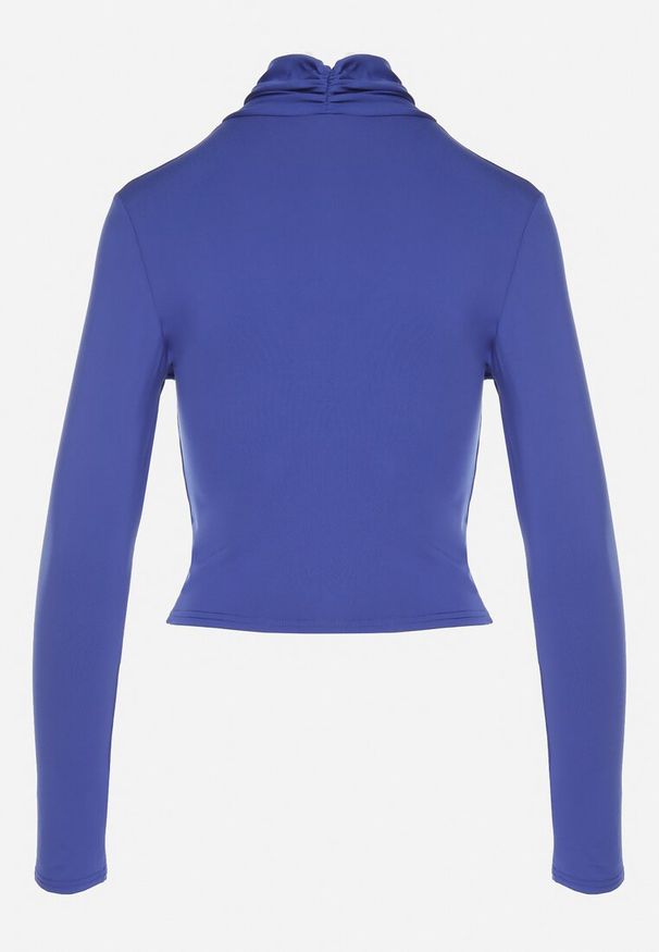 Born2be - Niebieska Bluzka z Półgolfem Ozdobiona Drapowaniem Binare. Okazja: na co dzień. Kolor: niebieski. Materiał: jeans, wiskoza. Wzór: aplikacja. Styl: elegancki, casual, klasyczny