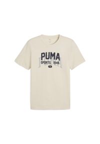 Puma - Męska koszulka z grafiką w uniwersyteckim stylu PUMA. Kolor: beżowy, biały, wielokolorowy. Sport: bieganie #1
