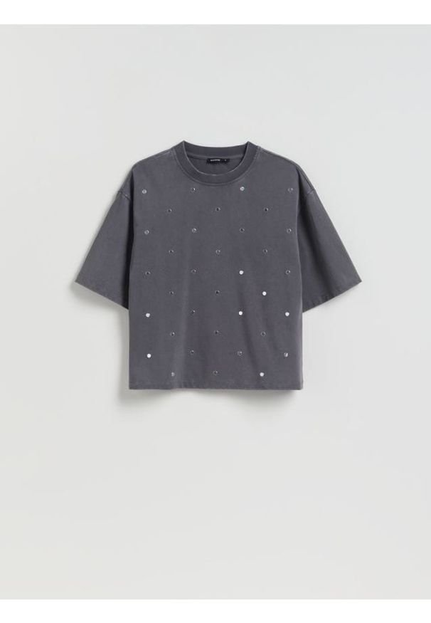 Reserved - Bawełniany t-shirt z aplikacją - ciemnoszary. Kolor: szary. Materiał: bawełna. Wzór: aplikacja