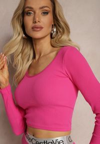 Renee - Fuksjowa Dopasowana Bluzka w Prążki o Krótkim Kroju Elowenia. Kolor: różowy. Długość: krótkie. Wzór: prążki. Styl: sportowy #4