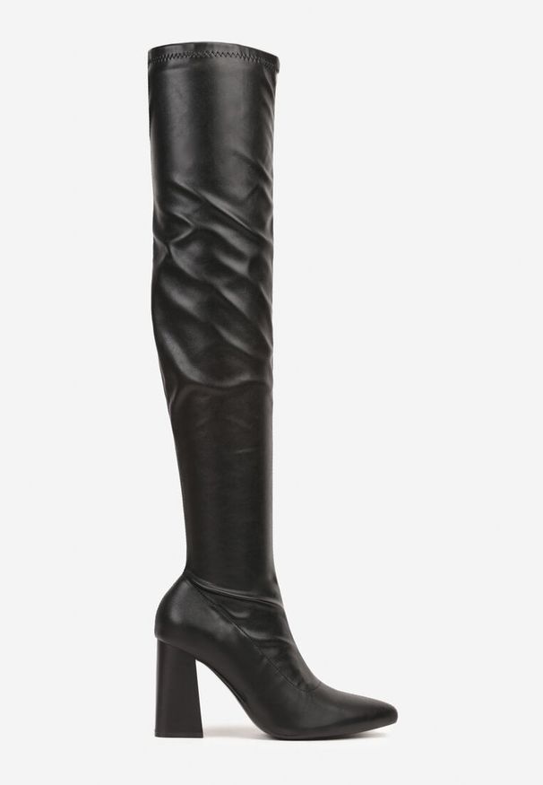 Renee - Czarne Eleganckie Kozaki Vices na Słupku z Dopasowaną Cholewką Nianesa. Okazja: na co dzień. Wysokość cholewki: przed kolano. Kolor: czarny. Materiał: satyna. Szerokość cholewki: normalna. Wzór: aplikacja. Obcas: na słupku. Styl: elegancki