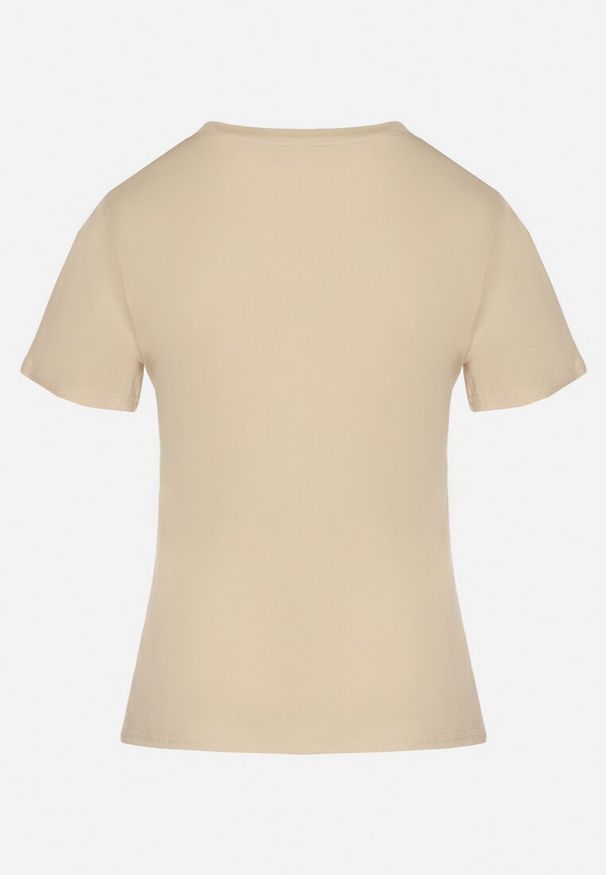 Born2be - Beżowy Klasyczny T-shirt z Bawełny Lorali. Okazja: na spacer. Kolor: beżowy. Materiał: bawełna. Wzór: gładki. Styl: klasyczny