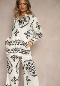 Renee - Beżowo-Czarny Komplet z Wiskozy w Ornamentalny Print Koszula i Szerokie Spodnie Pasniela. Kolor: beżowy. Materiał: wiskoza. Wzór: nadruk #3