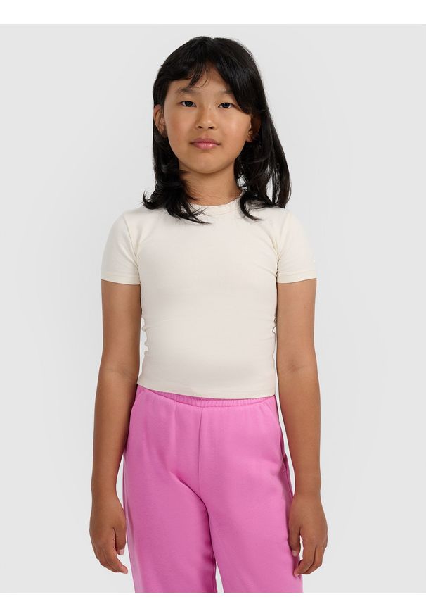 4f - 4F Crop top slim gładki dziewczęcy - biała 158 (12-13 lat). Kolor: biały. Materiał: bawełna, skóra, materiał, dzianina. Wzór: gładki. Sezon: lato