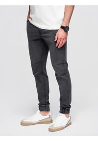 Ombre Clothing - Spodnie męskie JOGGERY jeansowe z efektem sprania - szare V3 - Rozmiar: XXL. Okazja: na co dzień. Kolor: szary. Materiał: jeans. Wzór: aplikacja. Styl: casual, elegancki #3