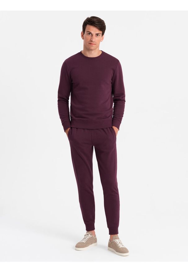 Ombre Clothing - Dresowy bawełniany komplet męski BASIC bluza nierozpinana + joggery – bordowy V3 - Rozmiar: M. Kolor: czerwony. Materiał: bawełna, dresówka. Wzór: jednolity